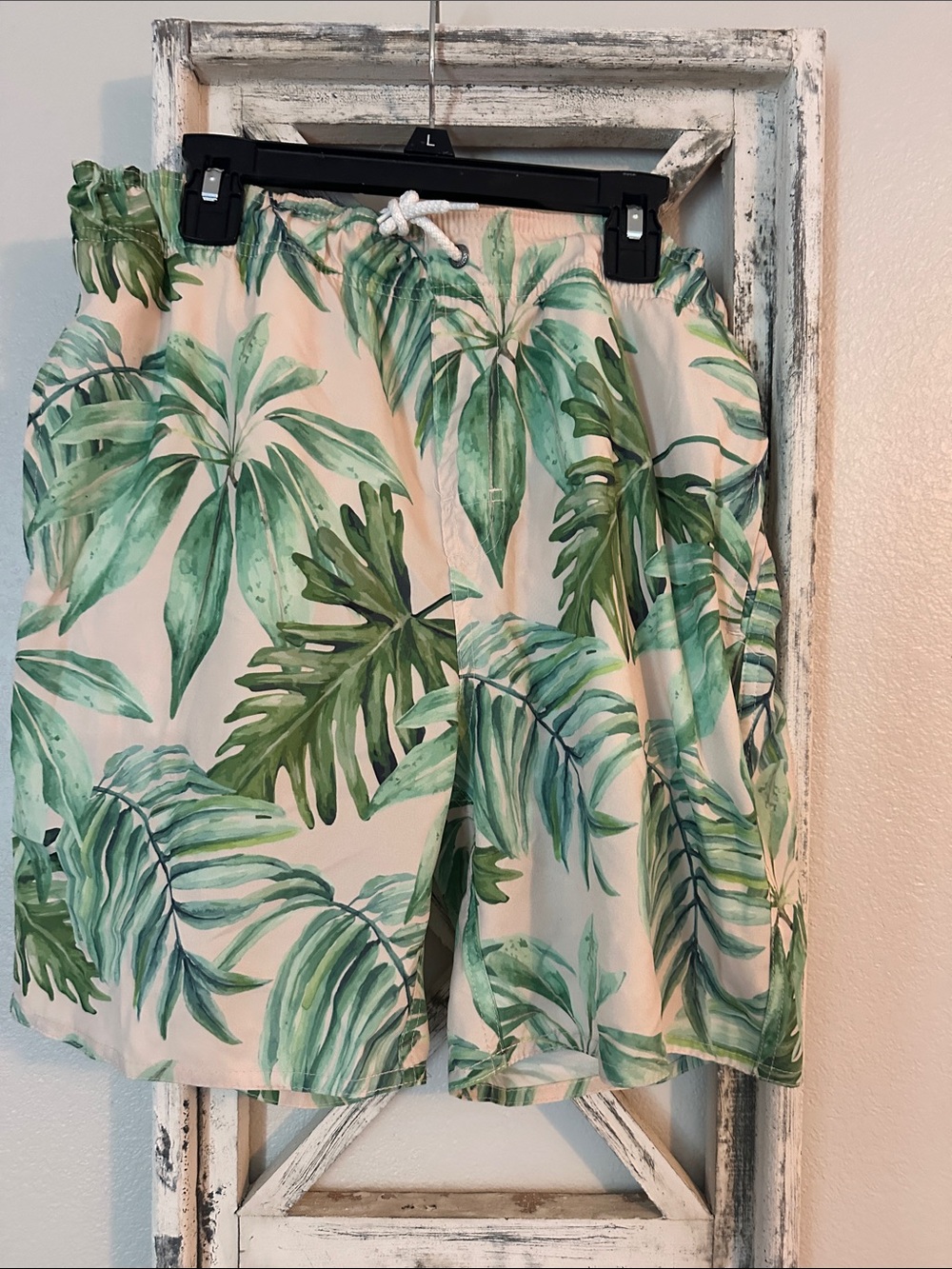 Class Club Green Leaf Print Swim Shorts with White Drawstring